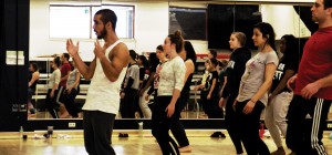 Diego Alves Dos Santos of Compagnie Käfig conducts a master class in hip-hop for Purdue Dance students