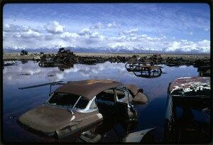 Abandoned automobiles in a lake