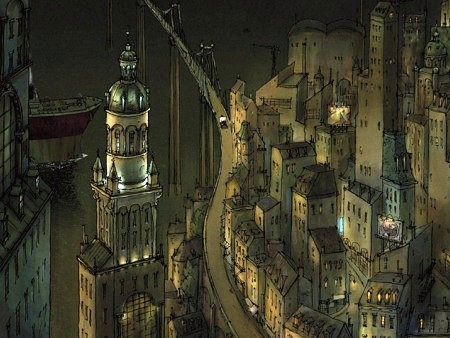 A nighttime scene of a fantasy city reminiscent of Triplets of Belleville, with tall, narrow buildings, a lit clock tower, and a winding bridge. Warm lights glow from windows, and a ship is docked by the water in the background.