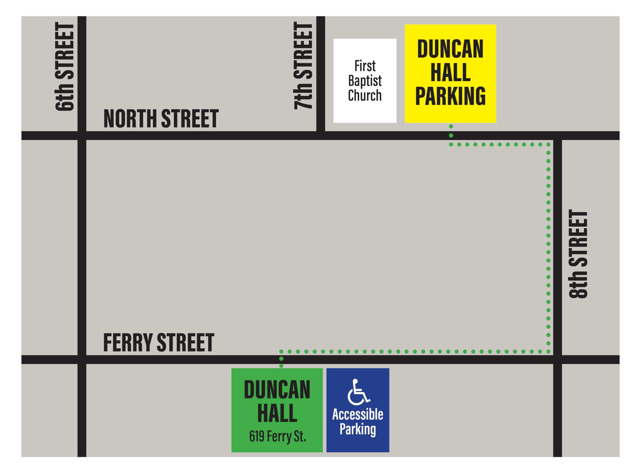 Map showing Duncan Hall with accessible parking lot on the east side of the the building off Ferry Street. Designated parking is also shown 1 block away on North Street next to First Baptist Church.