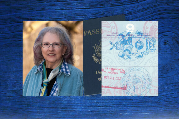 Judi Hawkins with passport stamp from Gander, Newfoundland on September 11, 2001