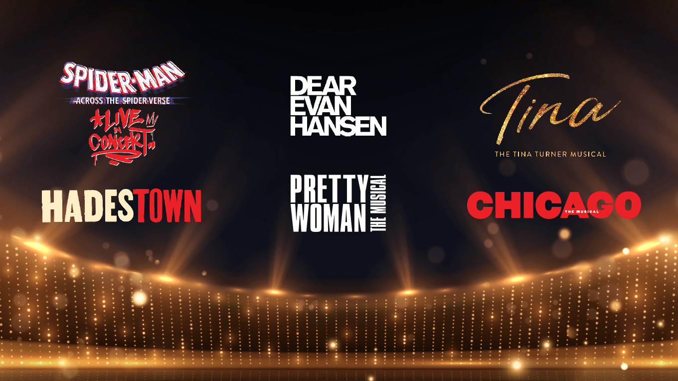 Broadway shows include Spider-Man: Across the Spider-Verse Live in Concert, Dear Evan Hansen, TINA - The Tina Turner Musical, Hadestown, Pretty Woman: The Musical, Chicago