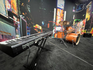 Keyboard and drum kit in the JamSpace music rehearsal space at Elliott Hall of Music