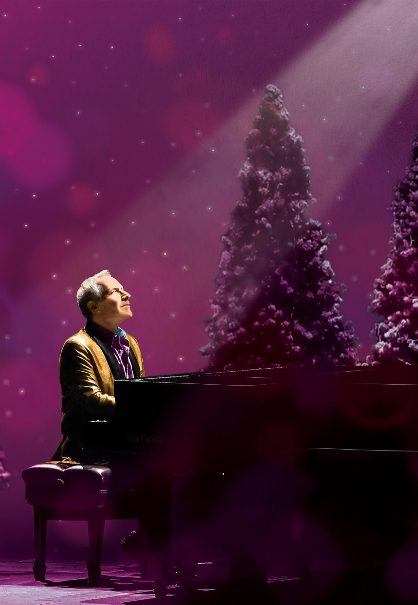 Jim Brickman against brick wall with white piano