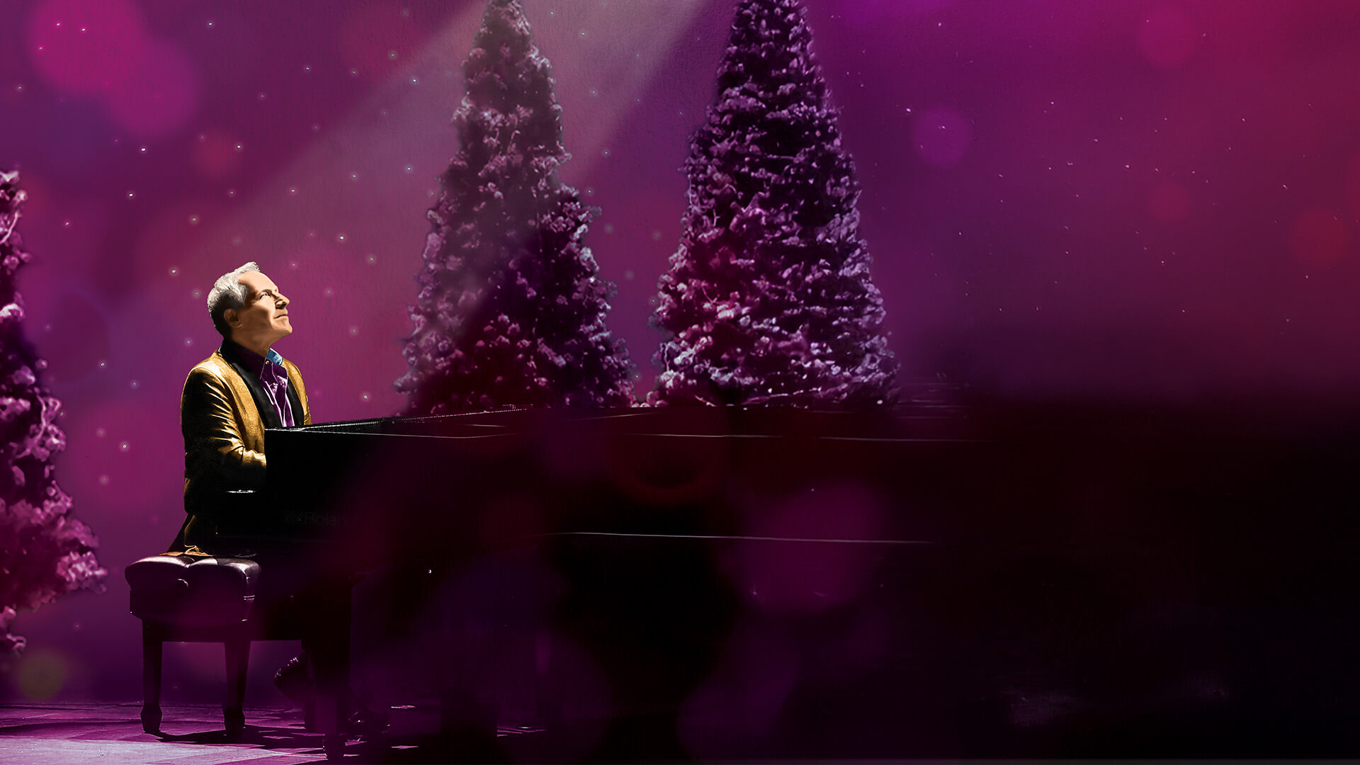 Jim Brickman: The Gift of Christmas. Brickman playing a piano with purple background and snow covered trees