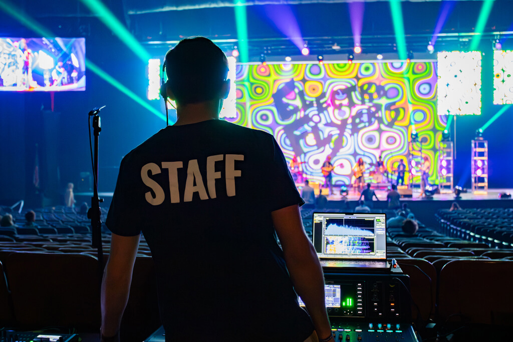 A student in LEAP works at the sound board during Off The Hill, a concert the organization produced in Elliott Hall of Music.