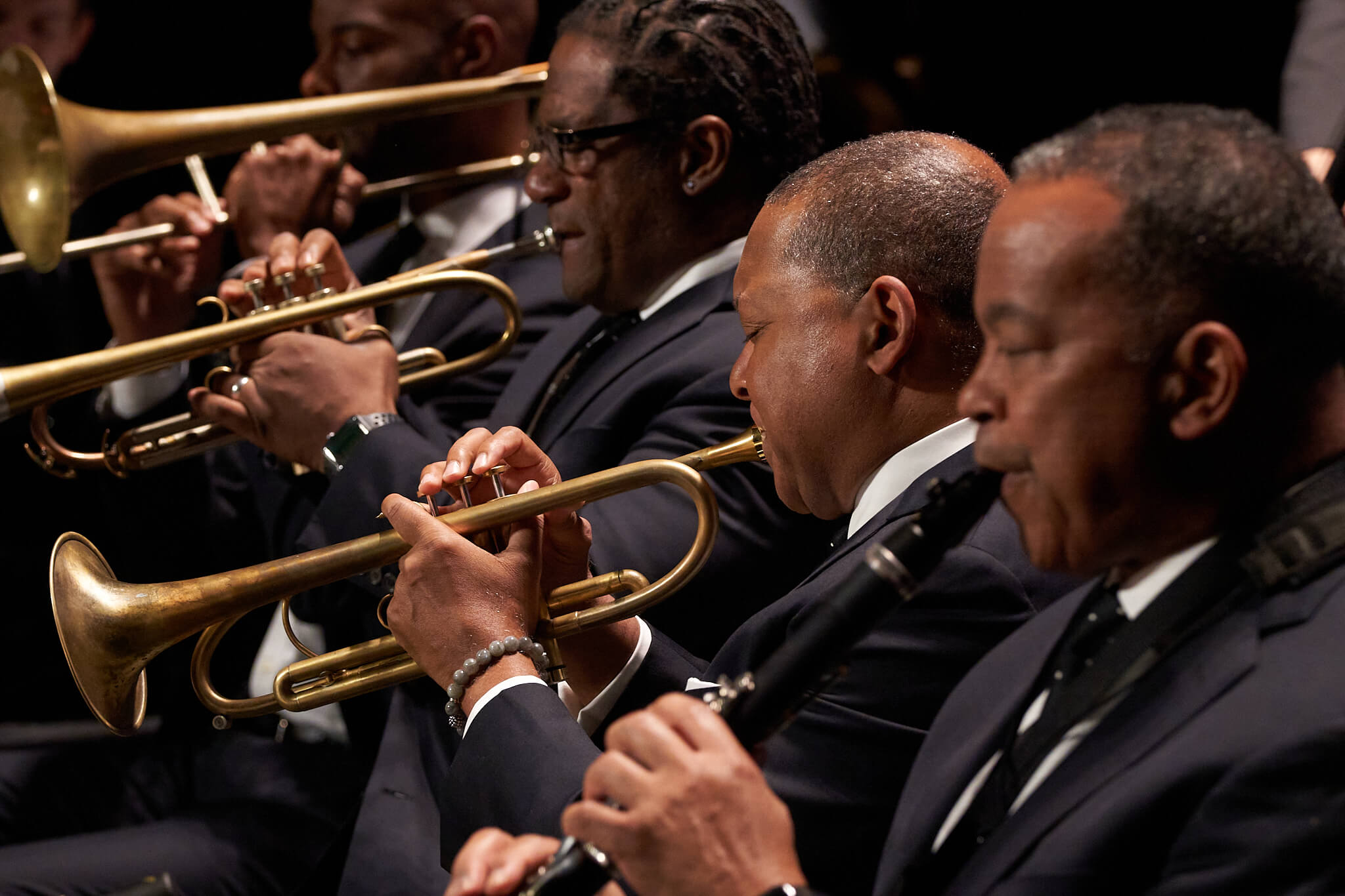 A subsection of the band with Wynton Marsalis playing as a small group. Photo credit: Luigi Beverelli