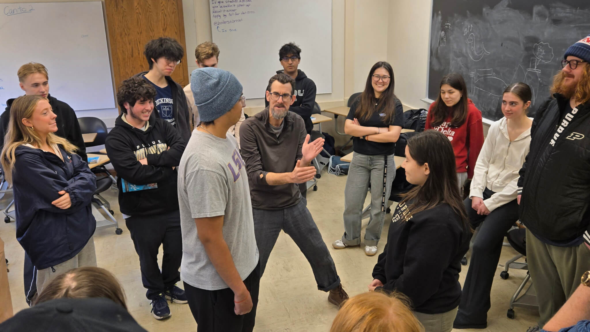 Michael Wagg "Waggy" from Actors From The London Stage conducting a workshop for Purdue students