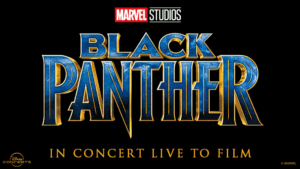Marvel Studios Black Panther logo in bold blue and gold letters, with "Live In Concert" and "IN CONCERT LIVE TO FILM" below, Disney Concerts and Marvel logos in the corners, all set against a striking black background.