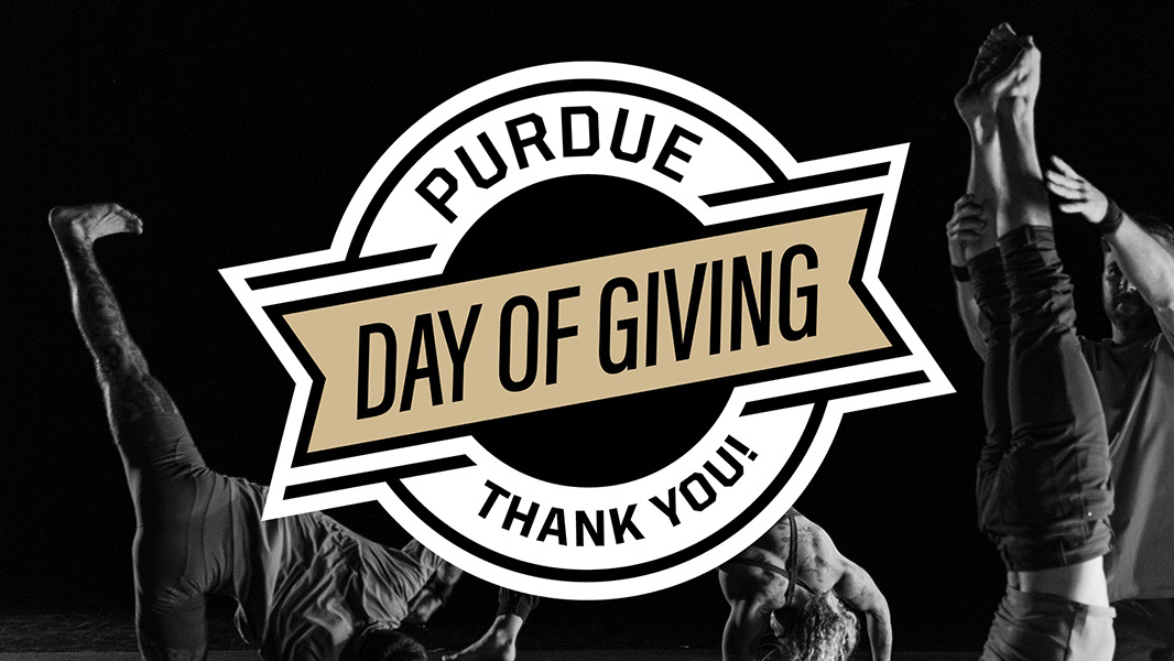 A large Purdue Day of Giving Thank You! badge is centered over a black-and-white background of people performing athletic or yoga poses, highlighting the power of community support.
