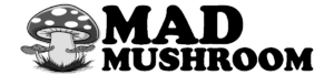 Black and white logo featuring a large spotted mushroom with two smaller mushrooms at its base, next to the bold text “MAD MUSHROOM”