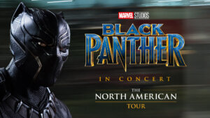 Close-up of Black Panther in costume on the left, with another image of him in action blurred in the background. Bold text reads Marvel Studios' Black Panther Live In Concert.
