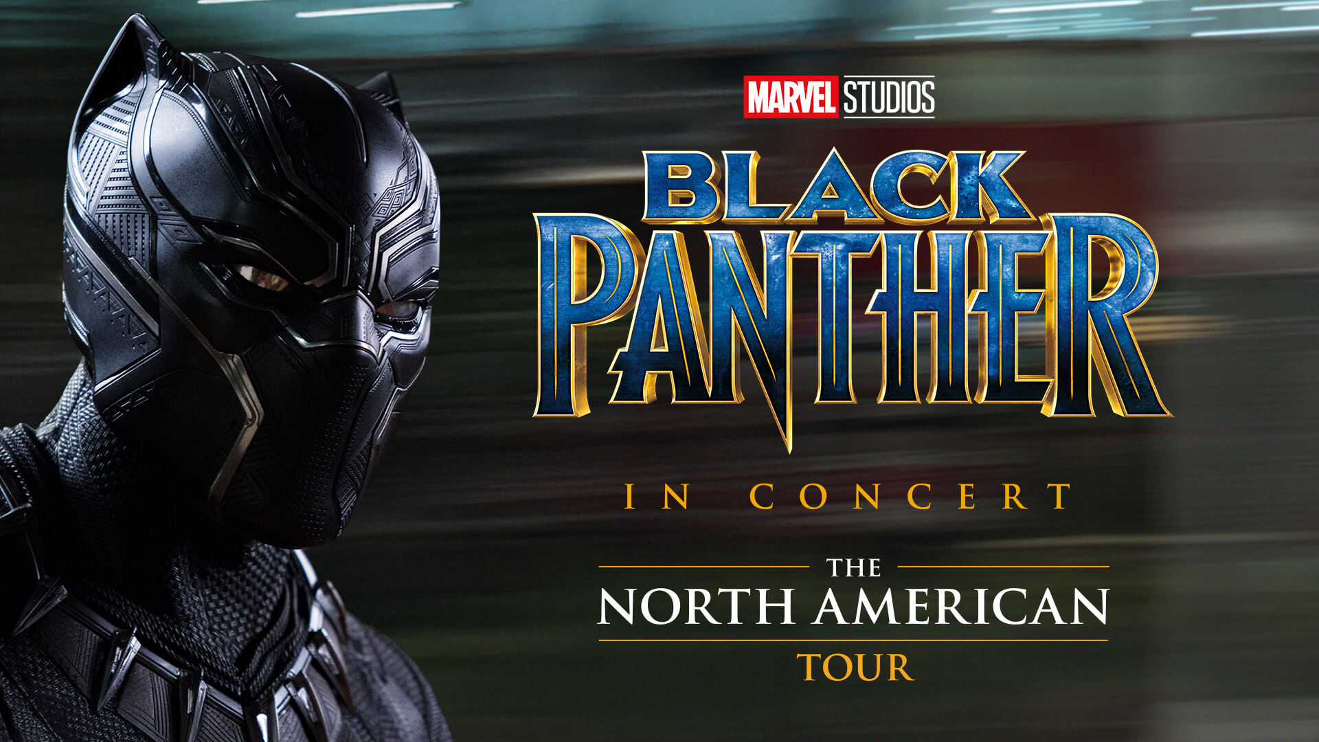 Close-up of Black Panther in costume on the left, with another image of him in action blurred in the background. Bold text reads Marvel Studios' Black Panther Live In Concert.
