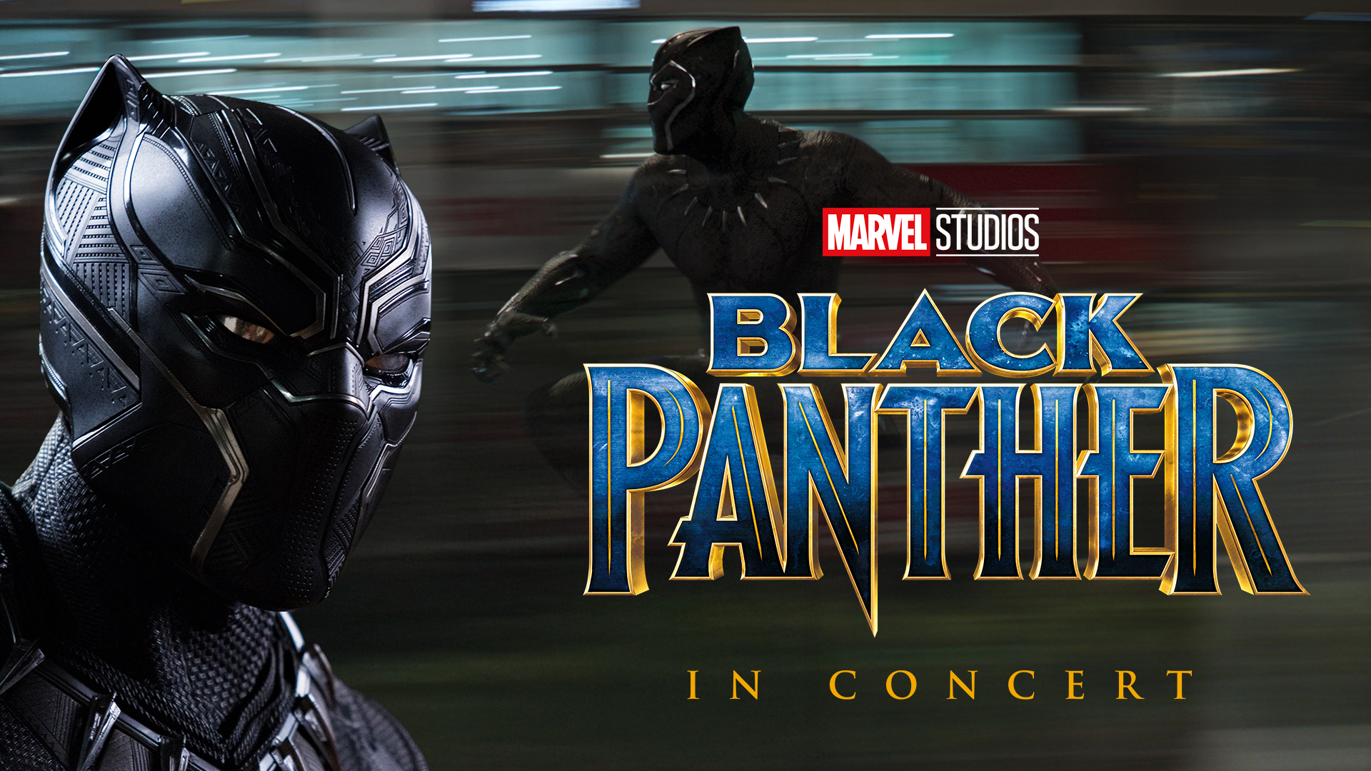 Close-up of Black Panther in costume on the left, with another image of him in action blurred in the background. Bold text reads Marvel Studios' Black Panther Live In Concert.