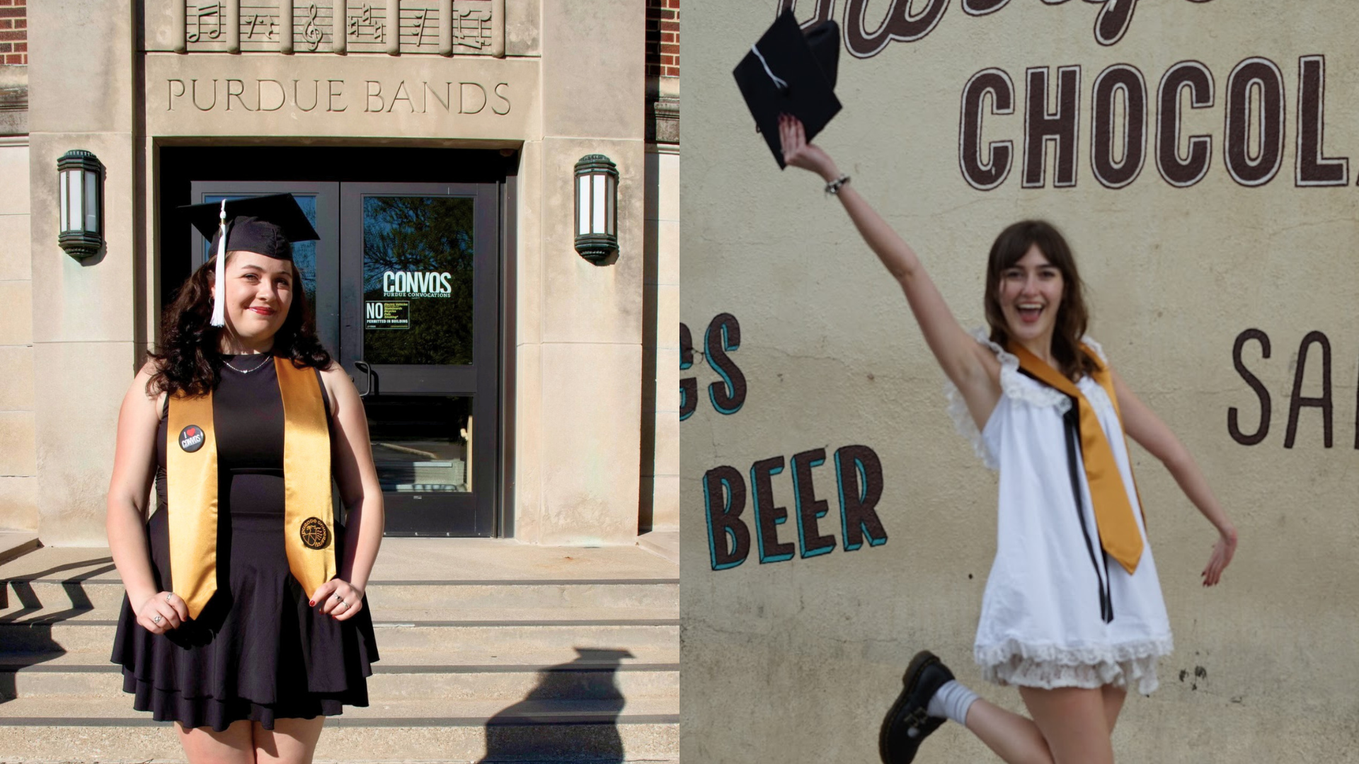 Split image: On the left, a graduate in a black dress and cap stands on steps before a Purdue Bands sign. On the right, another graduate in a white dress and cap jumps joyfully—Celebrating Our Graduating Interns in style.