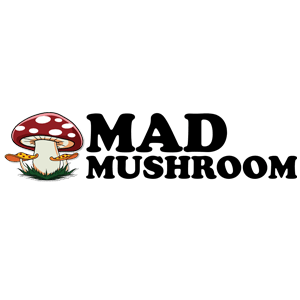 Logo for Mad Mushroom, inspired by Doktor Kaboom: Under Pressure!, features a large red and white spotted mushroom with grass at its base, positioned to the left of bold, black MAD MUSHROOM text on a white background.