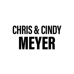 Text image featuring the names CHRIS & CINDY MEYER in bold black capital letters on a light background, reminiscent of refined event invitations like Scott Silven’s At The Illusionist’s Table.