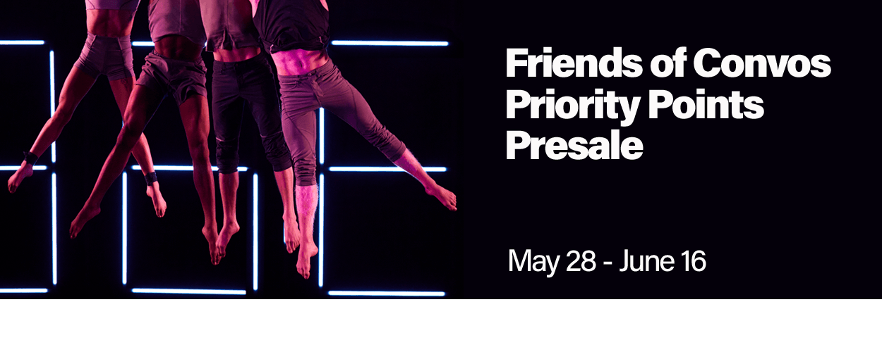 Four dancers mid-jump against a dark background with glowing grid lines. Text reads: “Friends of Convos Priority Points Presale. May 28 - June 16.”.
