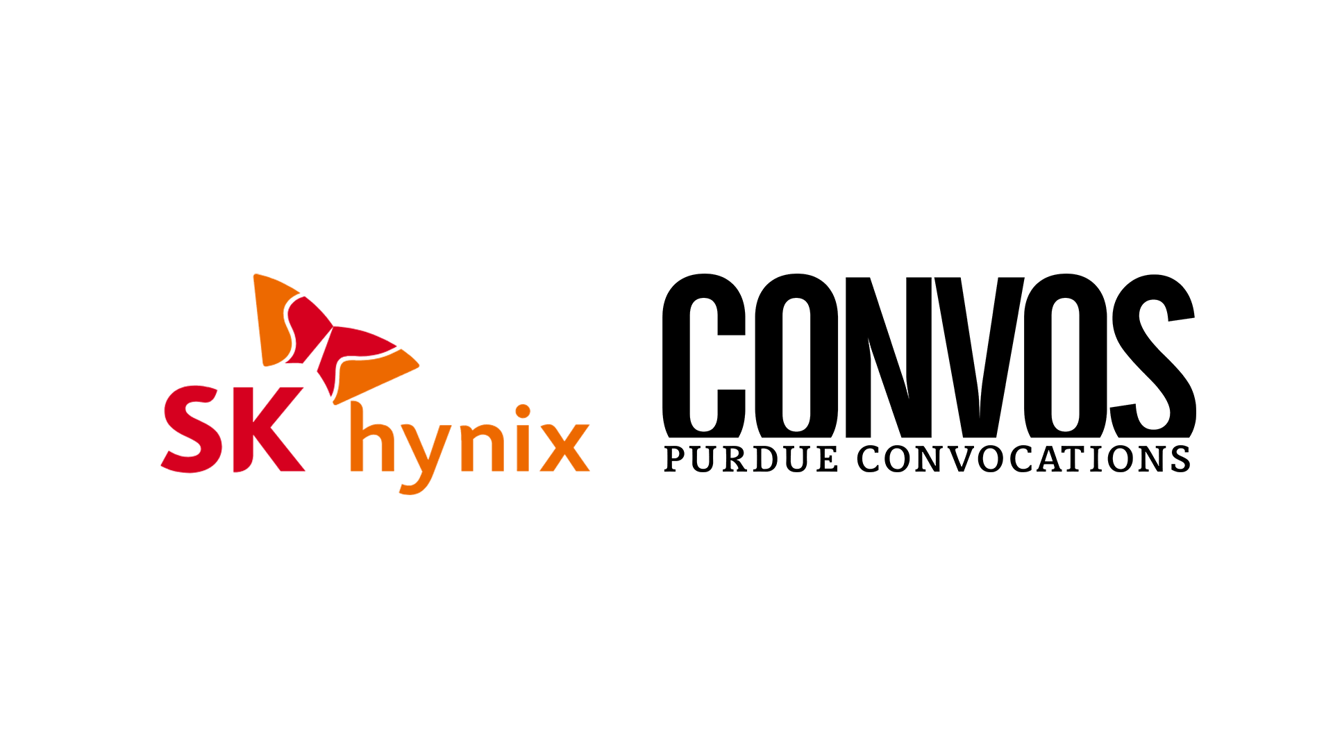 Logos for the SK hynix (red and orange text with orange and red symbol) and Convos Purdue Convocations (bold black text) on a white background, side by side.